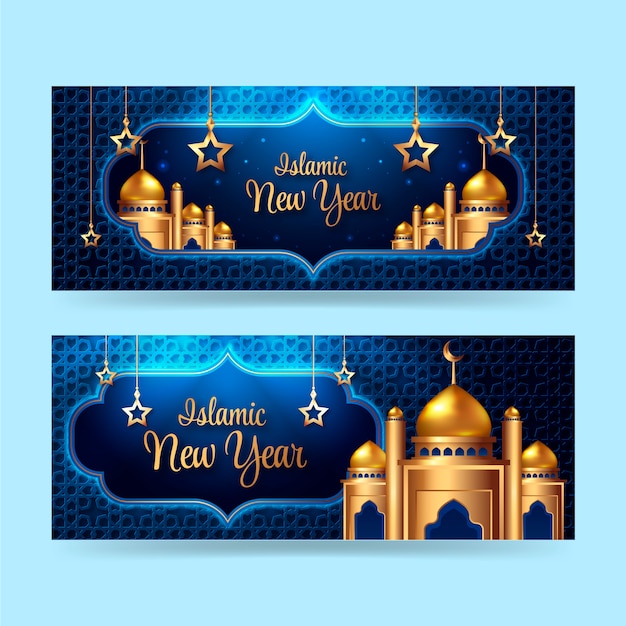 Realistic islamic new year horizontal banners set with stars and palace