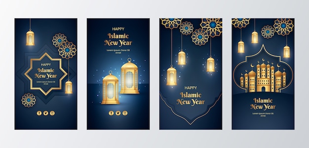 Free vector realistic islamic new year instagram stories collection with lanterns and crescent moon