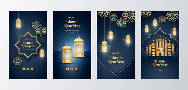 Realistic islamic new year instagram stories collection with lanterns and crescent moon