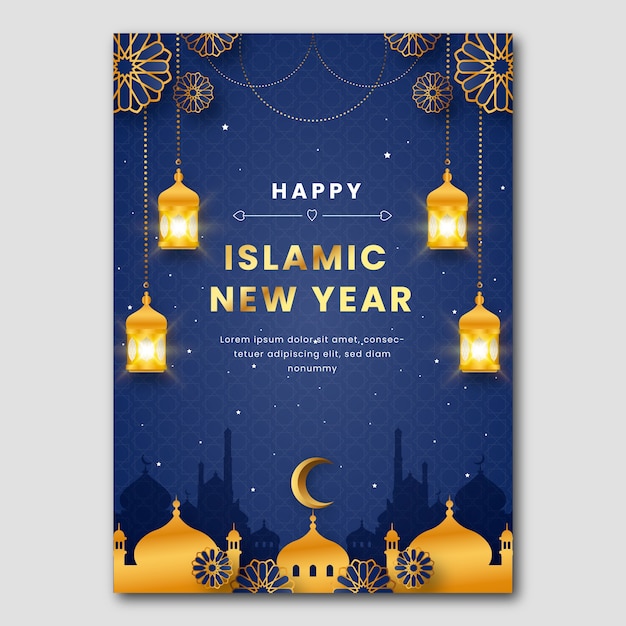 Free vector realistic islamic new year poster template with lanterns