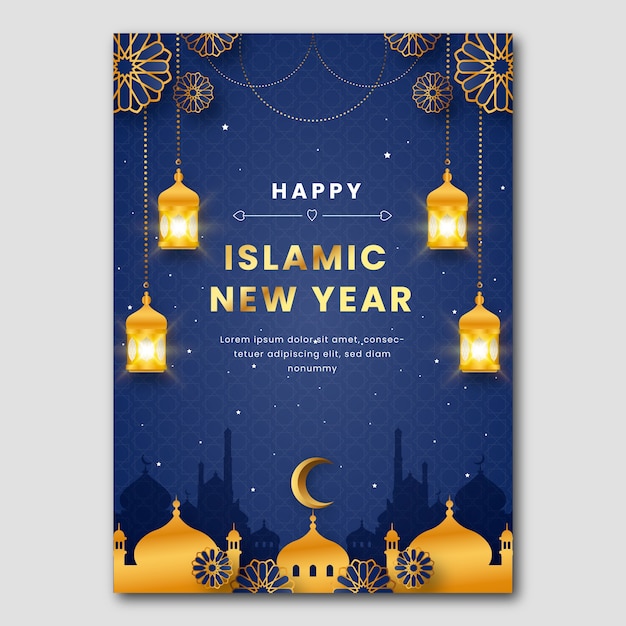 Realistic islamic new year poster template with lanterns