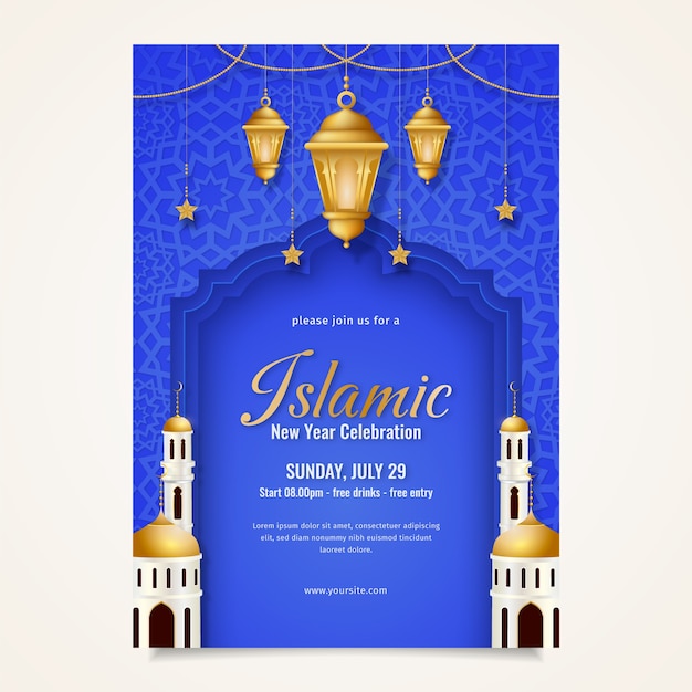 Vettore gratuito modello realistico di poster di capodanno islamico con lanterne