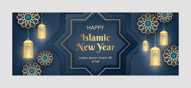 Realistic islamic new year social media cover template with lanterns