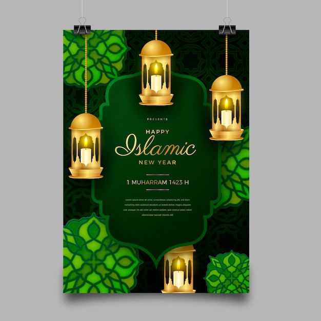 Free vector realistic islamic new year vertical poster template