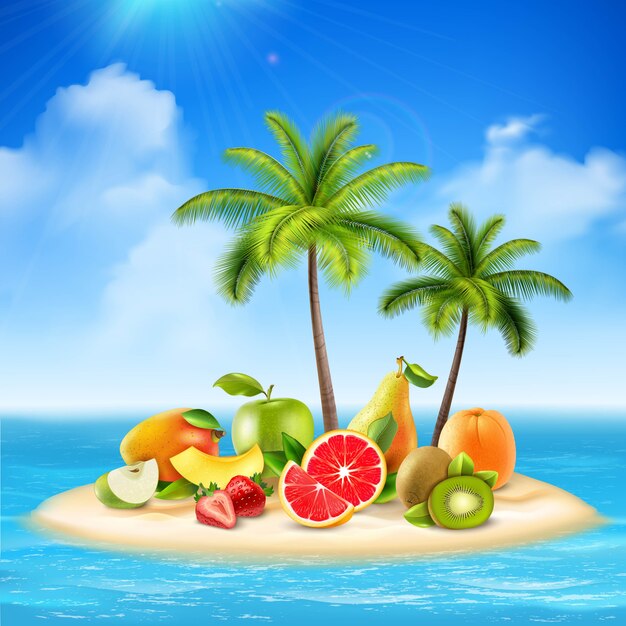 realistic island full of fruits 