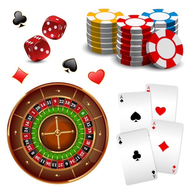 Realistic isolated and colored casino online games icon set with equipments and attributes