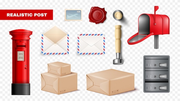 Realistic isolated post transparent icon set with post red box envelops wax stamp and stack of packages vector illustration