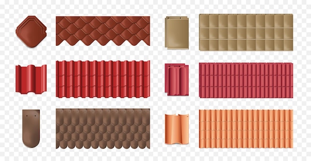Free vector realistic isolated tile roof icon set different roof decking for different tastes and needs vector illustration