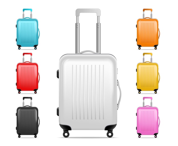 Бесплатное векторное изображение Реалистичная изолированная иконка дорожного багажа, один большой и шесть мини-пластиковых чемоданов, векторная иллюстрация