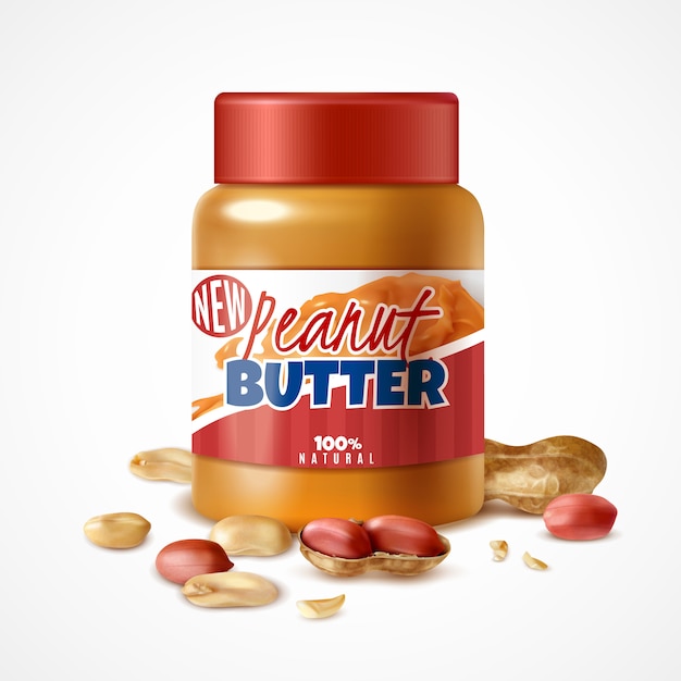 Realistic jar of peanut butter composition with branded can packaging and ripe arachis nuts with shadows