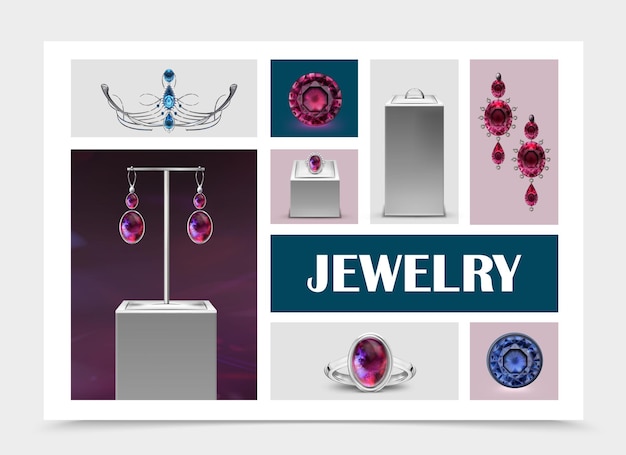 Vettore gratuito collezione di elementi di gioielli realistici con anelli di orecchini su gemme di gioielli e diadema isolato
