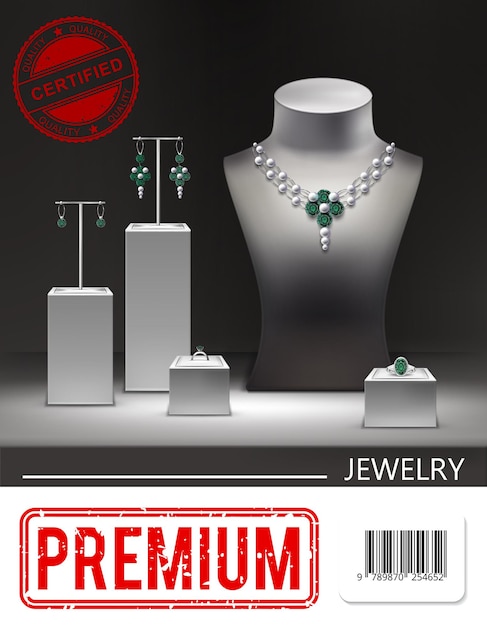 Реалистичный рекламный плакат ювелирных изделий с серебряным ожерельем, серьгами, кольцами с изумрудами, бриллиантами на подставках и иллюстрацией манекена