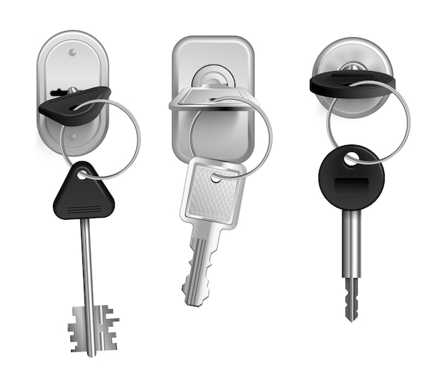 Free vector realistic keys keyholes icon set one key from the set is inserted in the lock vector illustration