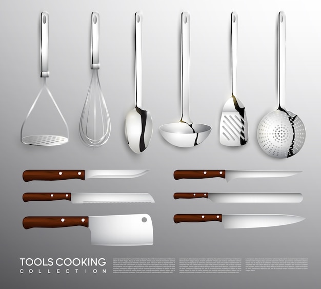 Бесплатное векторное изображение Реалистичная коллекция кухонного оборудования с кухонными принадлежностями