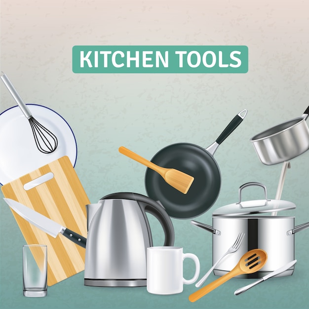 realistic kitchen supplies with electric kettle and wooden tools on grey textured illustration