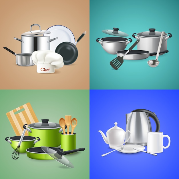 Realistic kitchen tools compositions