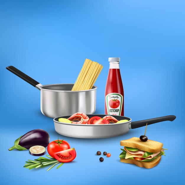 Реалистичные кухонные инструменты с продуктами питания макароны овощи рыбная композиция на синем