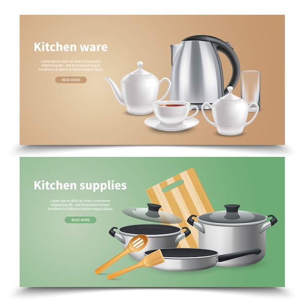 Realistic kitchen ware and culinary supplies horizontal banners on beige and green