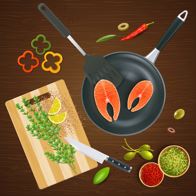 Vettore gratuito vista superiore degli articoli realistici della cucina con le spezie e le verdure di color salmone sull'illustrazione di legno di struttura