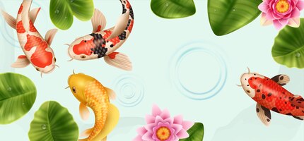 Free vector realistic koi fish composition with top view of lake with lotus flowers leaves and colorful fishes vector illustration