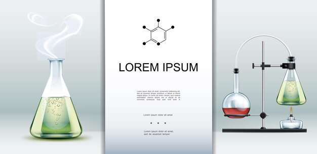 Realistic lab equipment template with laboratory glassware full of green hot liquid and chemical reaction test using flasks and alcohol burner