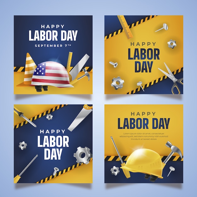 Free vector realistic labor day instagram posts collection