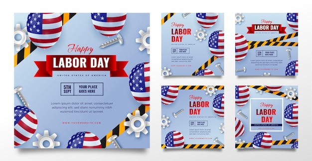 Free vector realistic labor day instagram posts collection
