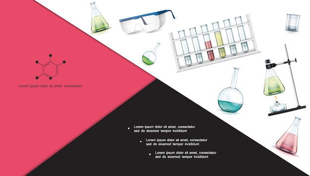 Бесплатное векторное изображение Реалистичная композиция объектов лабораторных исследований с пробирками, колбами, защитными очками, мензуркой, спиртовой горелкой