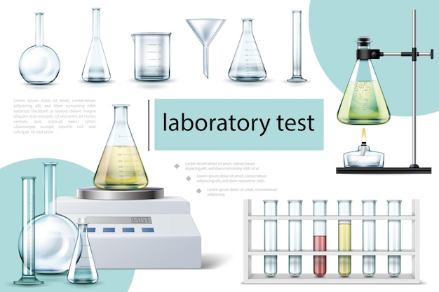 Realistic laboratory tools composition with tubes and flasks of different shapes beaker electronic scales alcohol burner