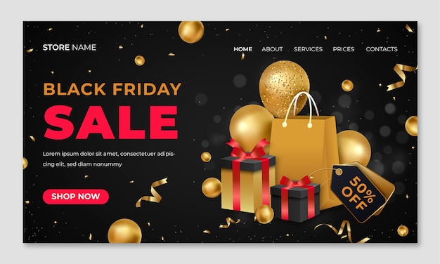 Realistic landing page template for black friday sales