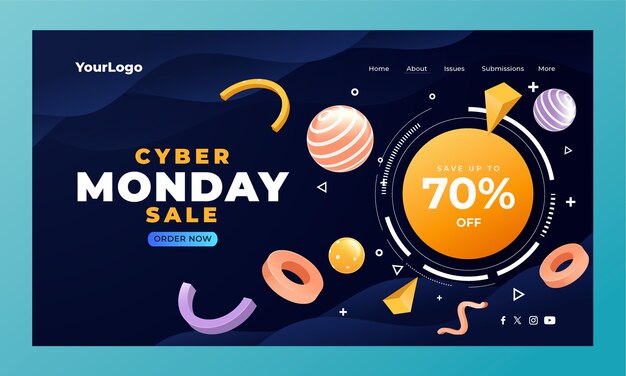 Realistic landing page template for cyber monday sale
