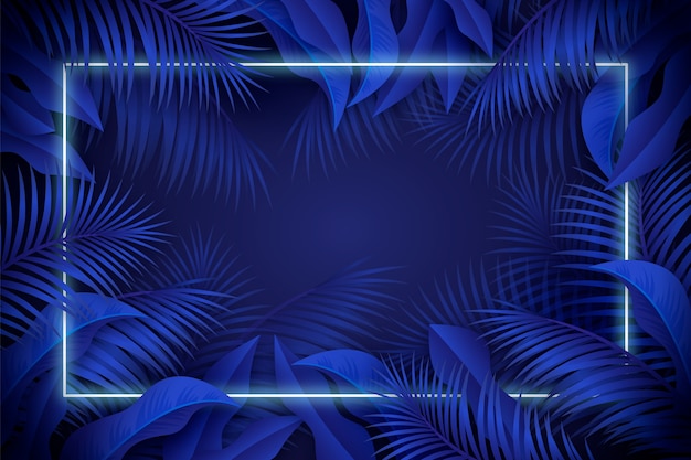 Realistic leaves with blue neon frame