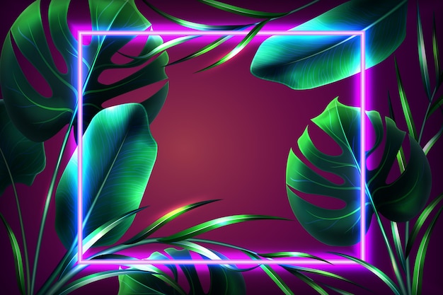 Realistic leaves with neon frame wallpaper design