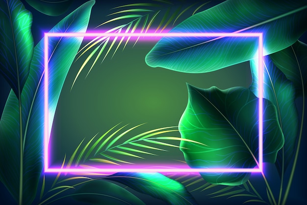 Realistic leaves with neon frame wallpaper