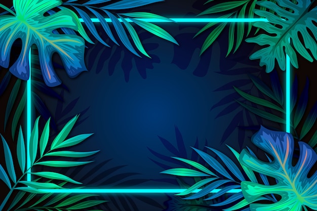 Realistic leaves with neon frame with copy space