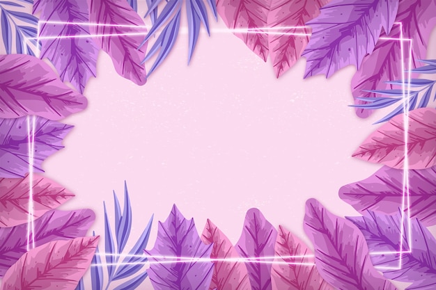 Realistic leaves with pink neon frame