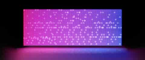 Free vector realistic led screen on stage vector illustration of large lcd display with glowing neon blue and pink dot lights isolated on black background concert hall modern theater night club decoration