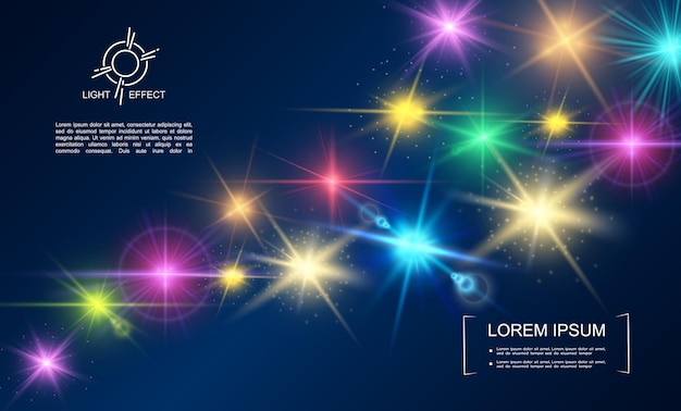 Free vector realistic light effects collection with glowing stars spots glitter illuminated lens flare effects isolated