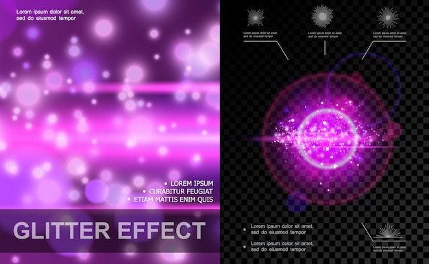 Realistic light effects purple template with bright spots lens flare sparkle and glitter effects