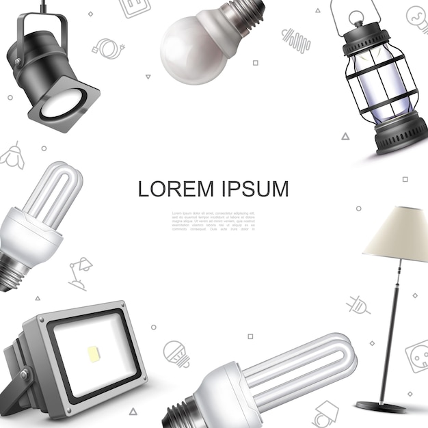 Modello di elementi di illuminazione realistici con faretti lampada da terra, lampadine e lanterna