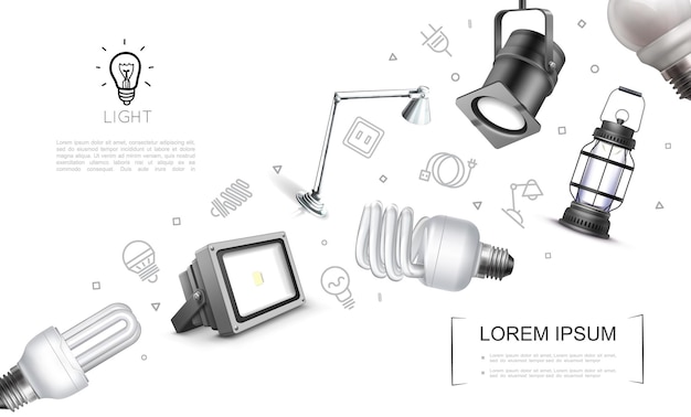 Free vector realistic lighting equipment concept with spotlights lamp lantern led and fluorescent bulbs