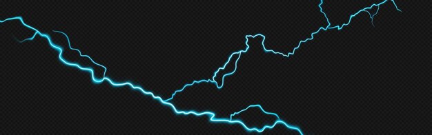 Free vector realistic lightning bolt isolated on transparent background vector illustration of neon turquoise crack electric discharge on dark sky thunderstorm flash light effect stormy weather power strike