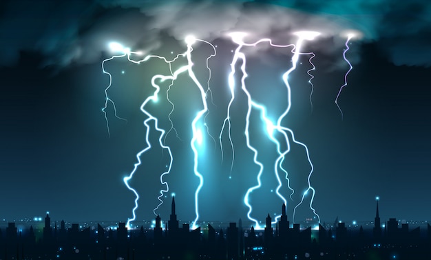 Realistic lightning bolts flashes composition of lightning strokes and thunderbolts on night sky with cityscape silhouette Free Vector