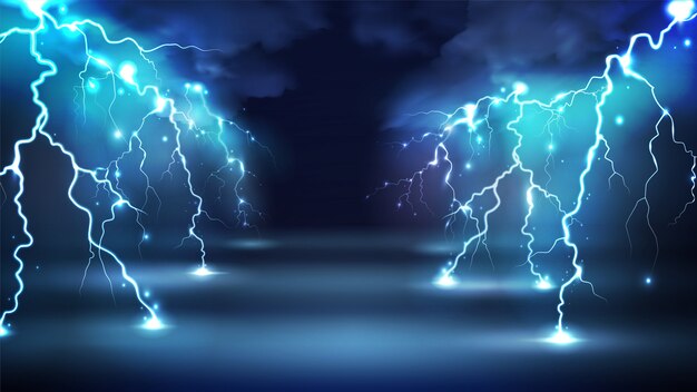 Realistic lightning bolts flashes composition with images of clouds in night sky and radiant glowing lightning strokes