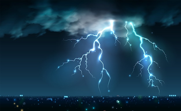 Realistic lightning bolts flashes composition with view of night city sky with clouds and thunderbolt images