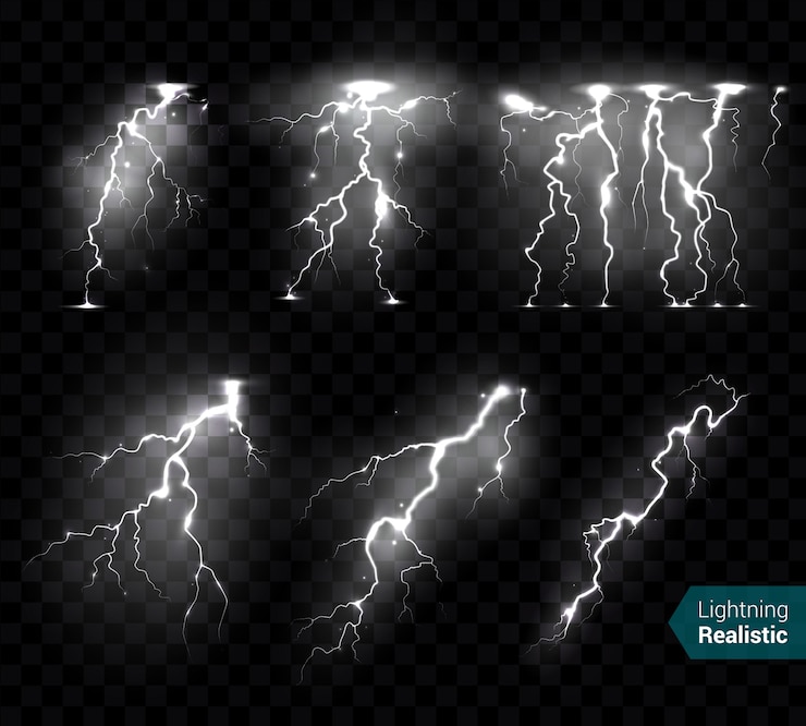 Free Vector realistic lightning bolts flashes white images collection of isolated monochromatic thunderbolts on transparent  with text