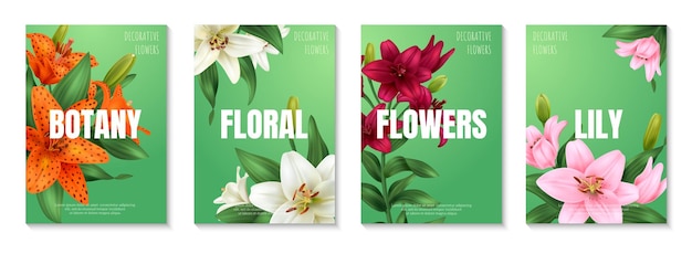 Free vector realistic lily poster set with multicolored flowers isolated vector illustration