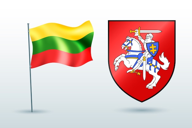 Бесплатное векторное изображение Реалистичный флаг литвы и коллекция национальных гербов