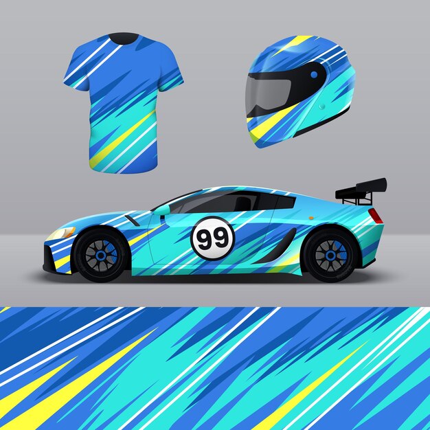 レーシングカーのTシャツとヘルメットの分離ベクトルイラストの明るい抽象的な背景デザインのリアルなカラーリングモックアップ