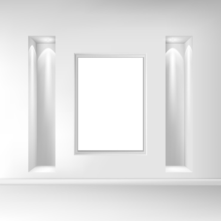 Free Vector realistic living room interior exposition of paintings on the wall